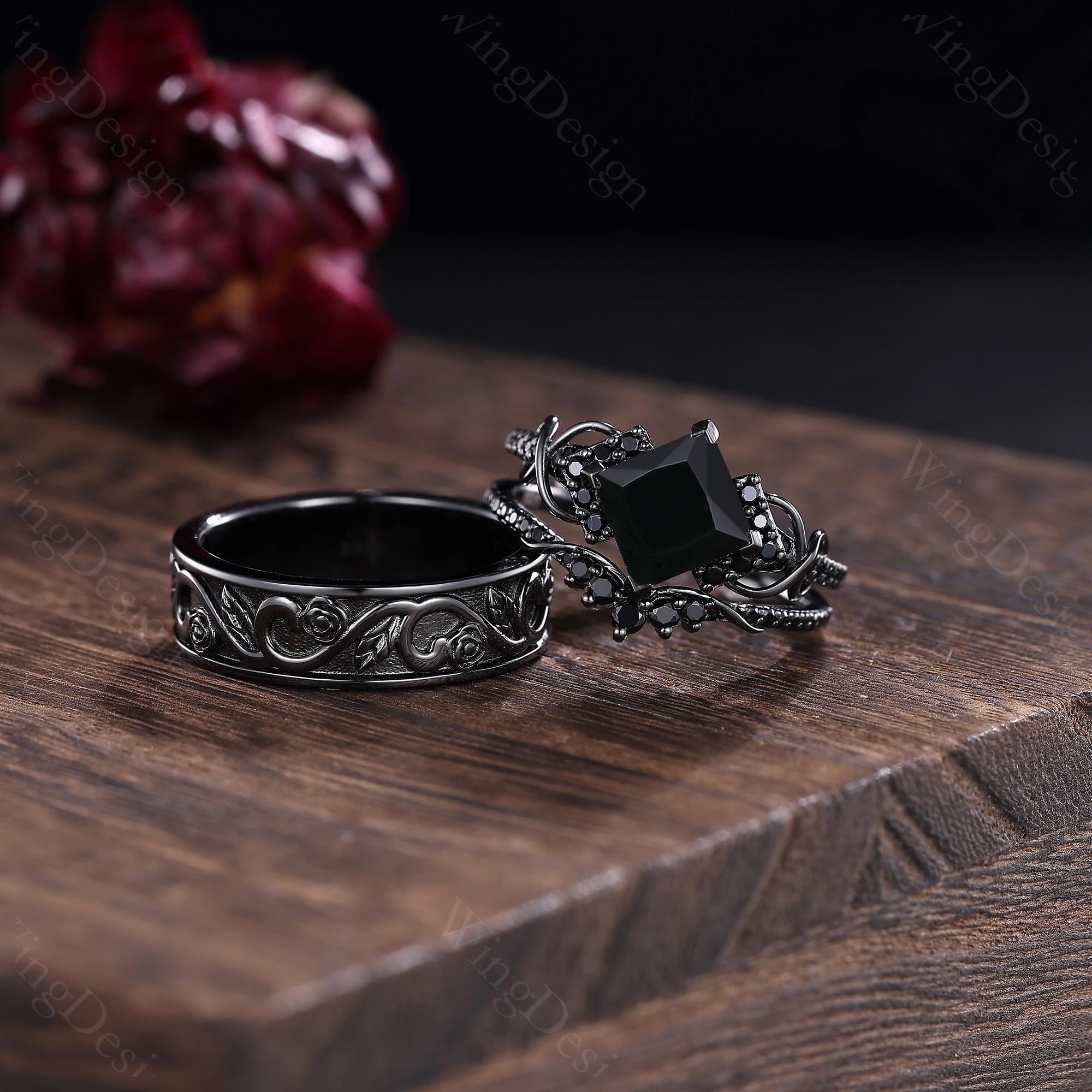 Black Onyx Gothic Couple Rings: 925 Sterling Silver Wedding Band