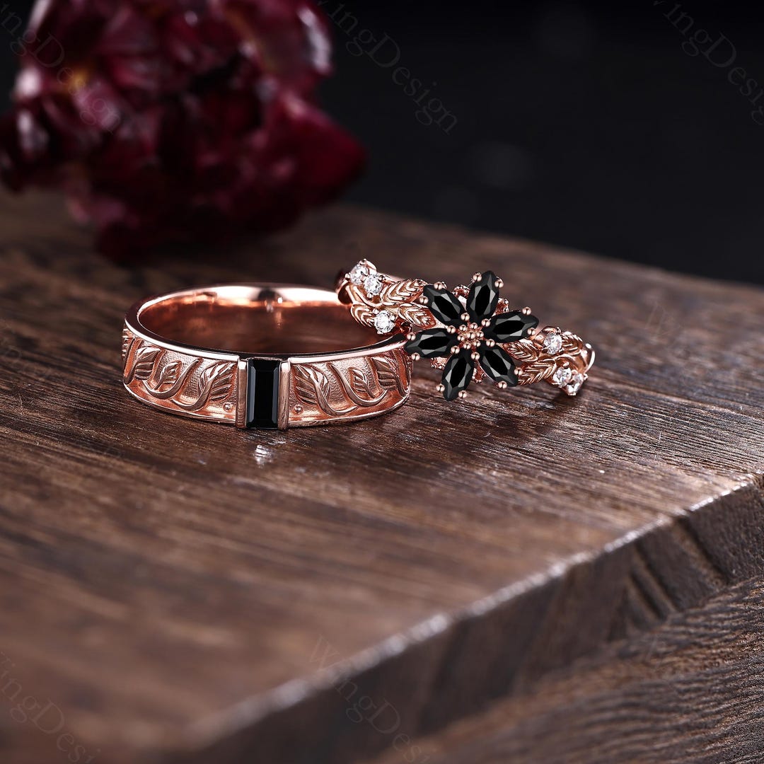Black Onyx Couple Ring Set, 14K Rose Gold His Her Matching Wedding