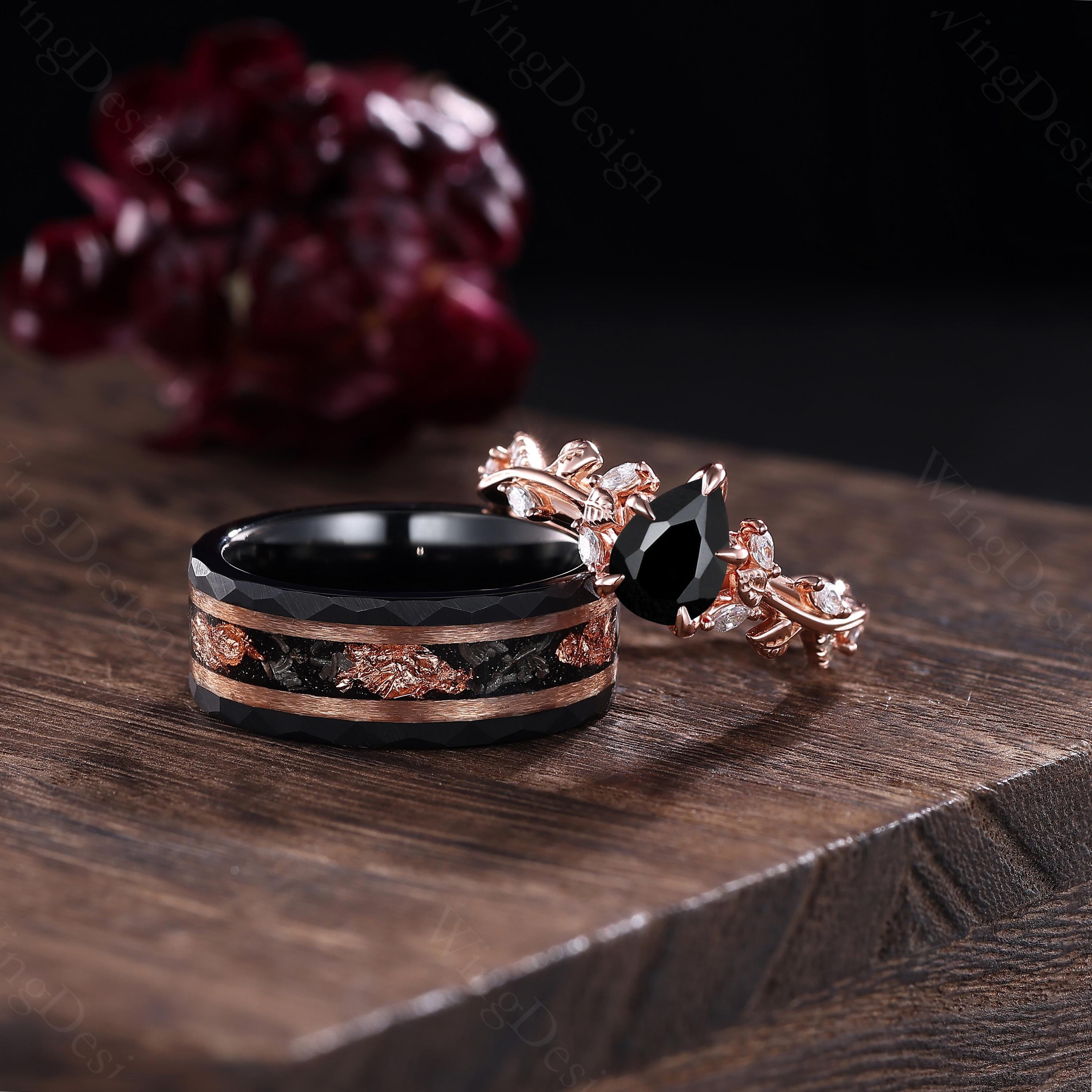 Pear Black Onyx Couple Ring Set: 14K Rose Gold & Tungsten Leaf