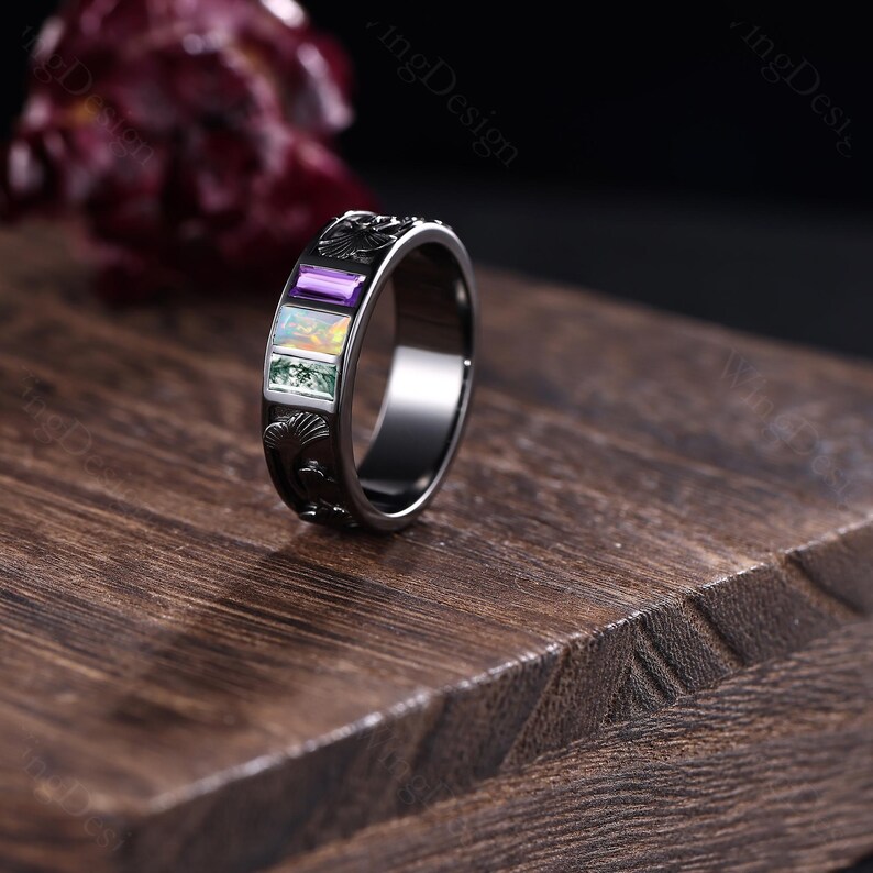 Gothic Baguette Opal, Amethyst, Moss Agate Ring – 14K Black Gold ...