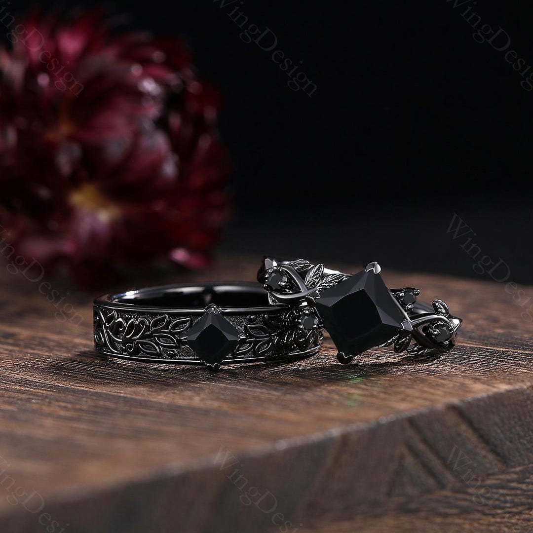 Black Onyx Gothic Couple Ring Set, Leaf Branch Wedding Bands - Etsy