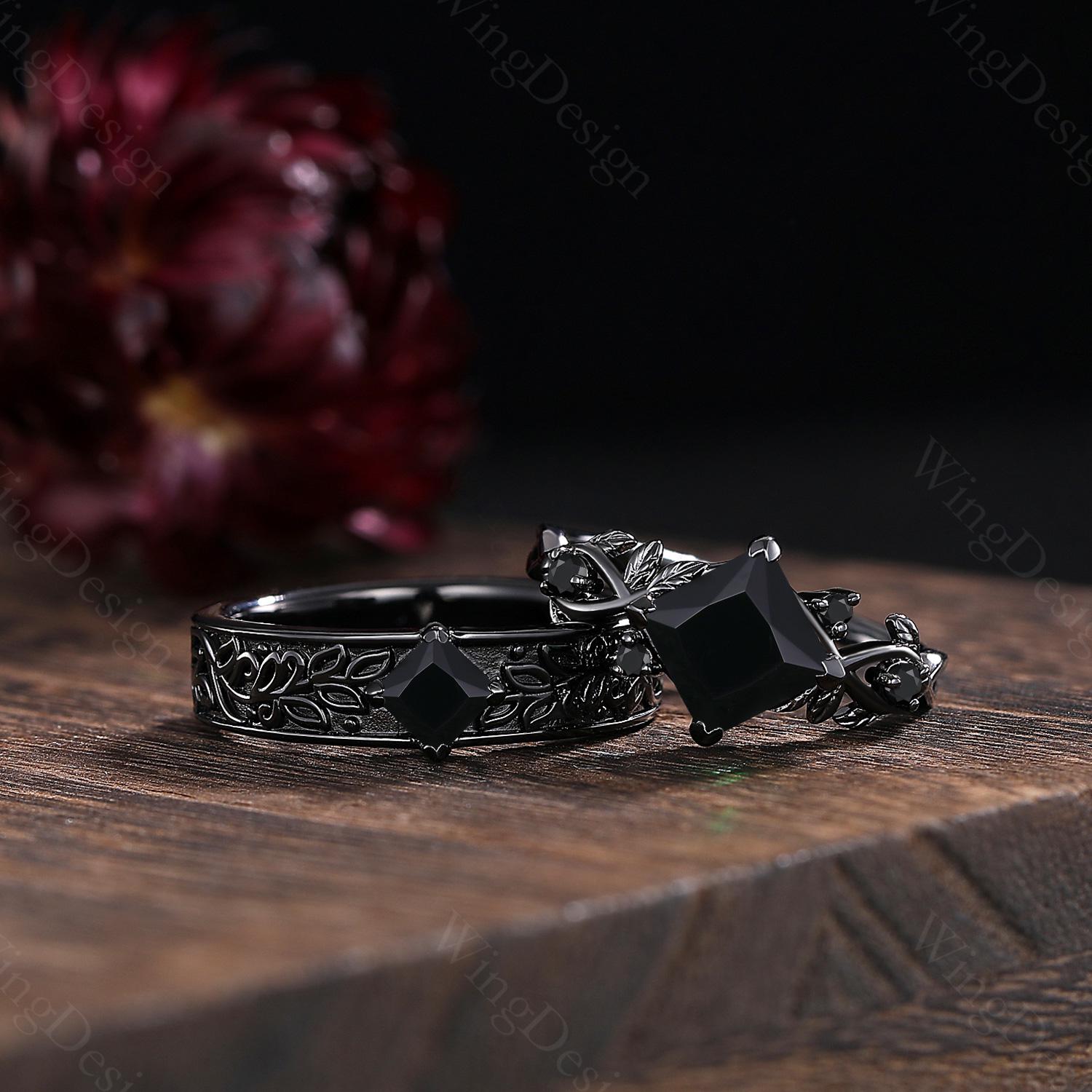Black Onyx Gothic Couple Ring Set, Leaf Branch Wedding Bands - Etsy