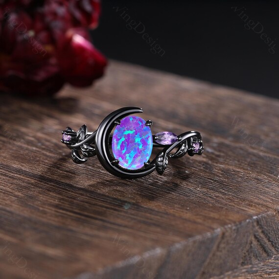 Gothic Lavender Opal Couple Ring Set, Fire Opal Tungsten Wedding
