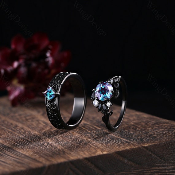 Alexandrite Engagement Ring Set, Black Gold Branch Leaves Rings - Etsy