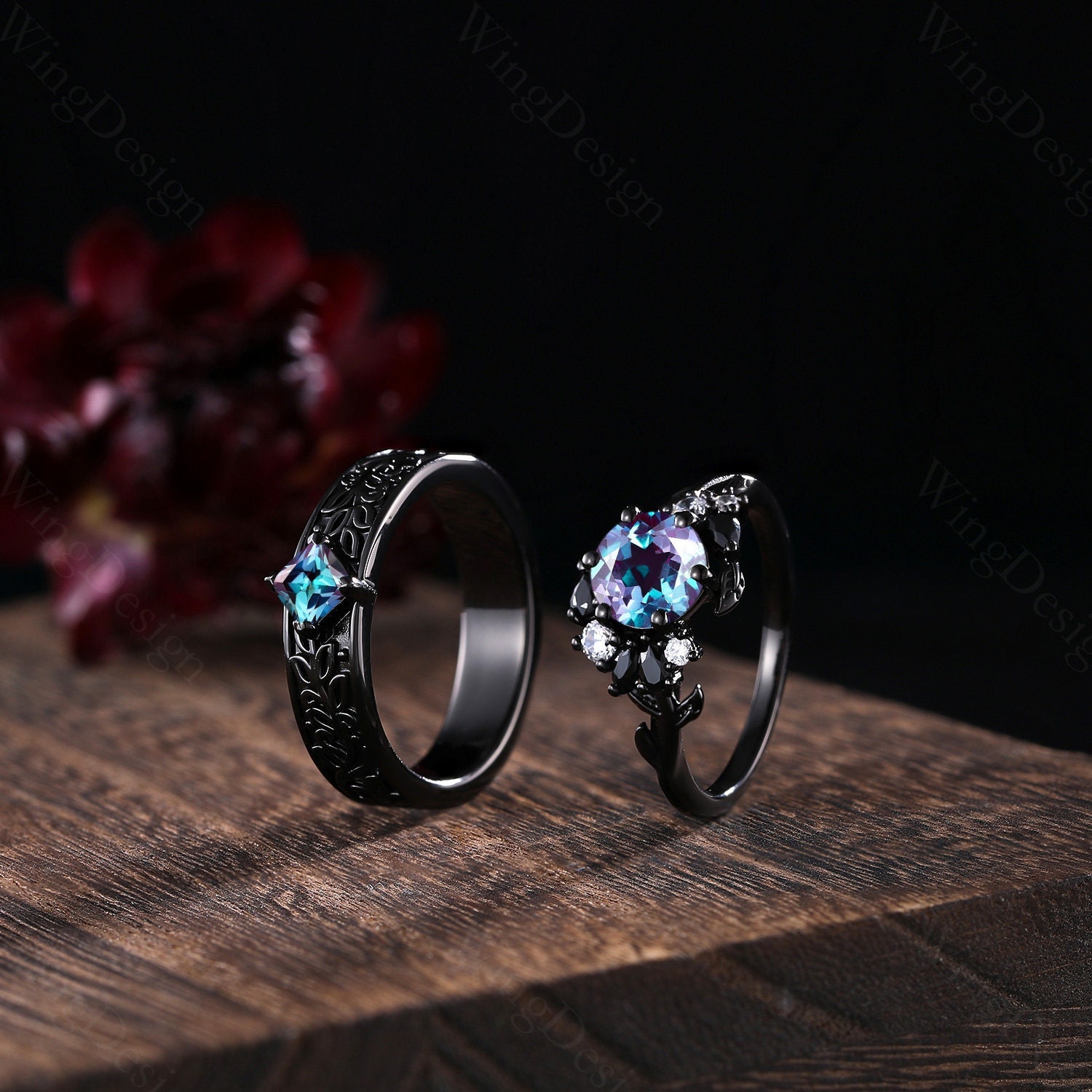 Alexandrite Engagement Ring Set, Black Gold Branch Leaves Rings - Etsy