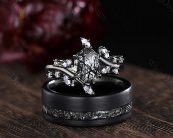 2PCS Couples Ring Set Black Rutilated Quartz Engagement Ring Black Gold His and Her Wedding Band Mens Tungsten Ring Branch Leaf Bridal Set