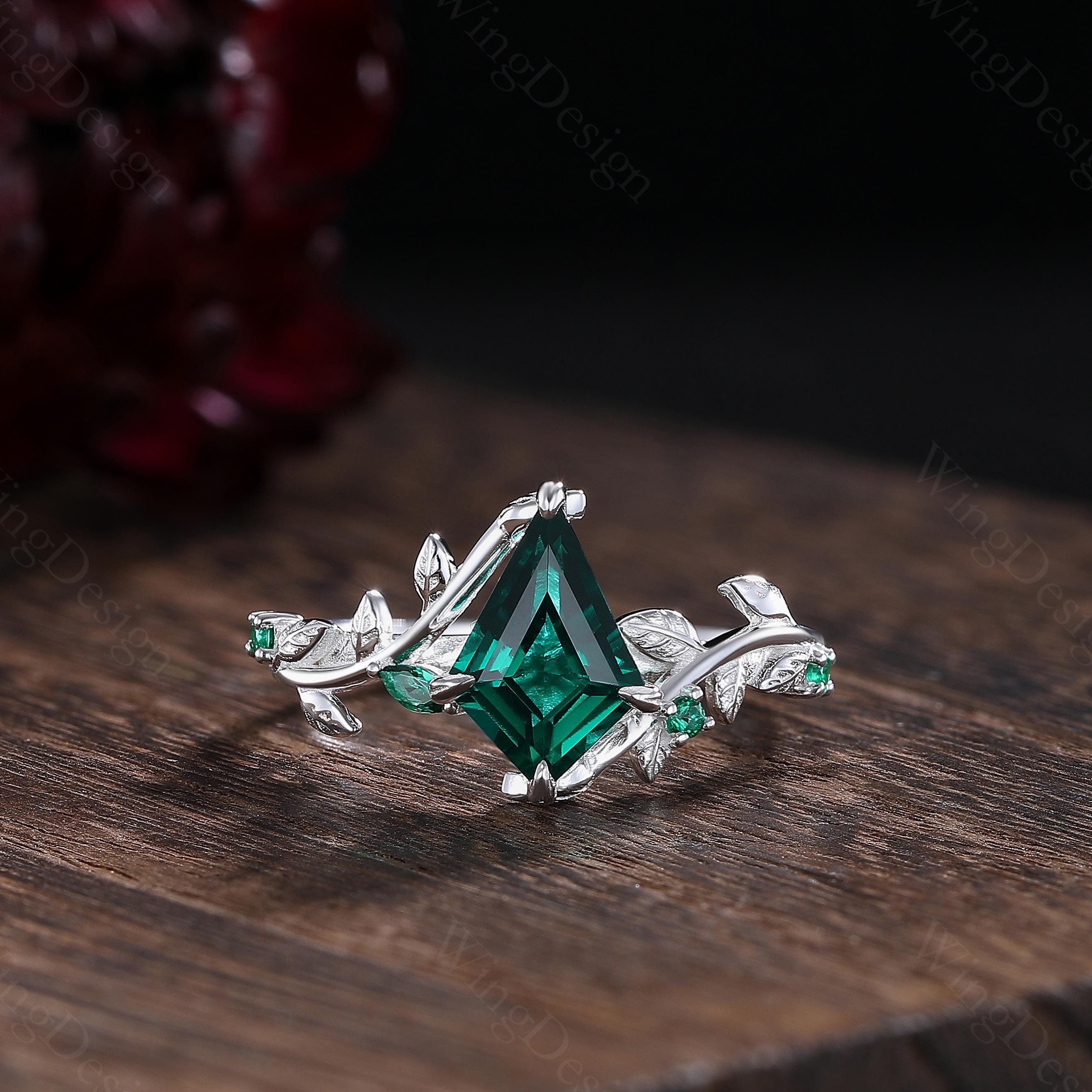 Kite cut emerald engagement ring women silver gold emerald ring unique art deco leaf ring nature branch ring birthstone bridal promise gift