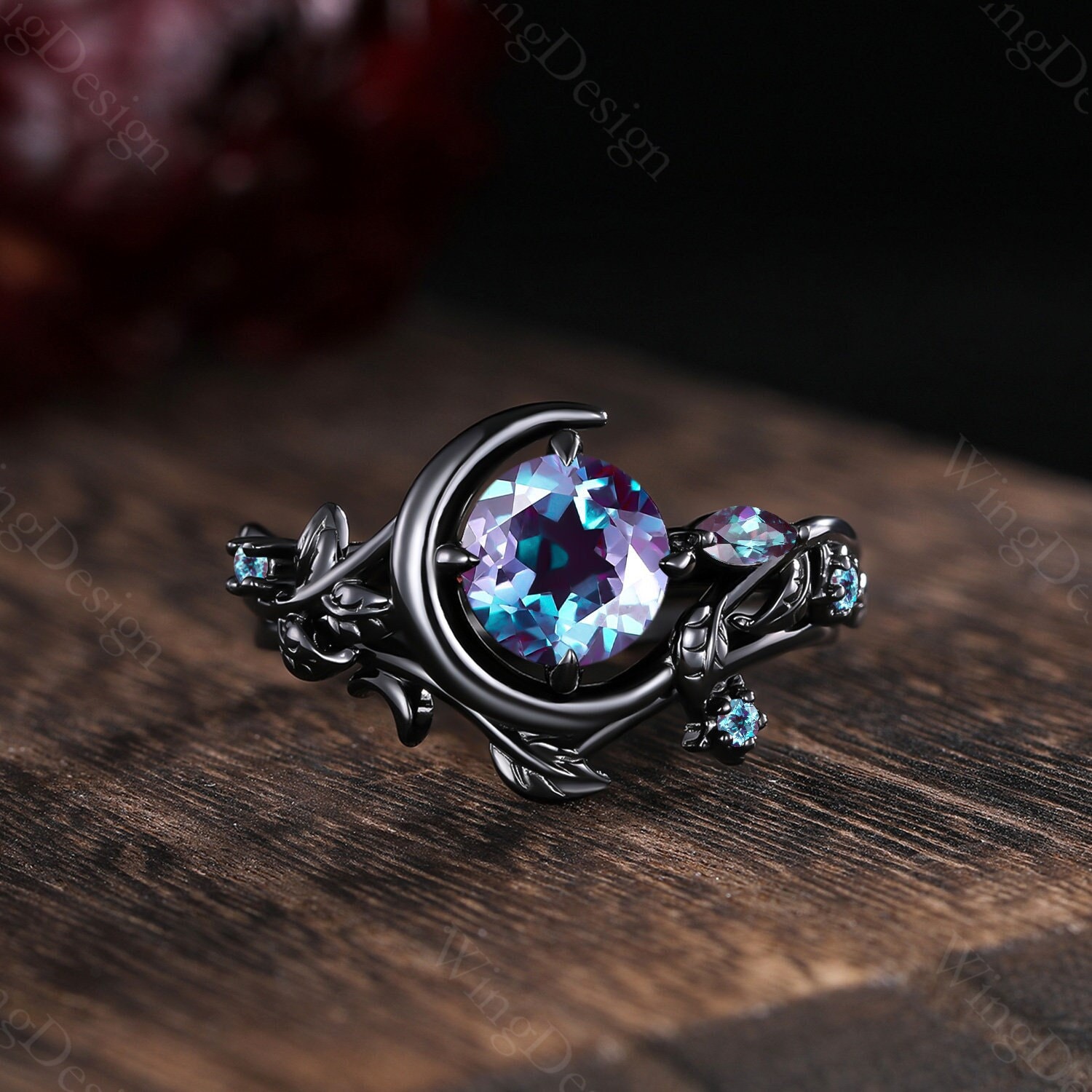Vintage Alexandrite engagement ring set unique crescent moon ring gothic black gold ring for women leaf branch bridal ring June birthstone