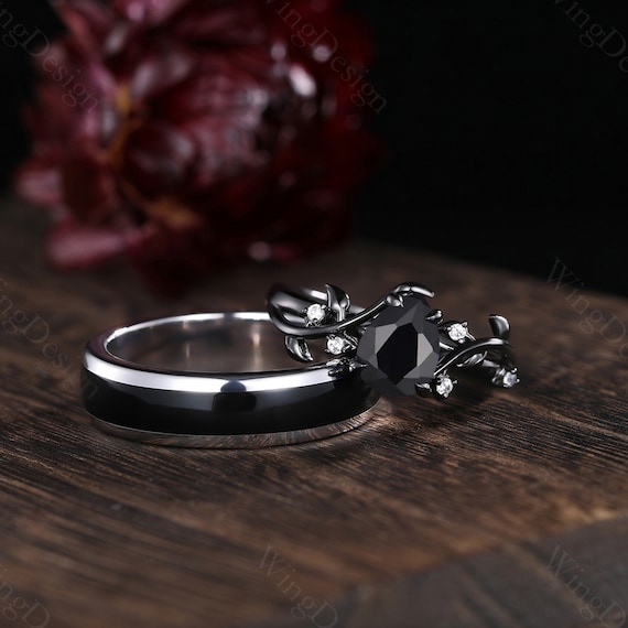 Celtic Black Onyx Sterling Silver Couples Ring Set, Moissanite Accents