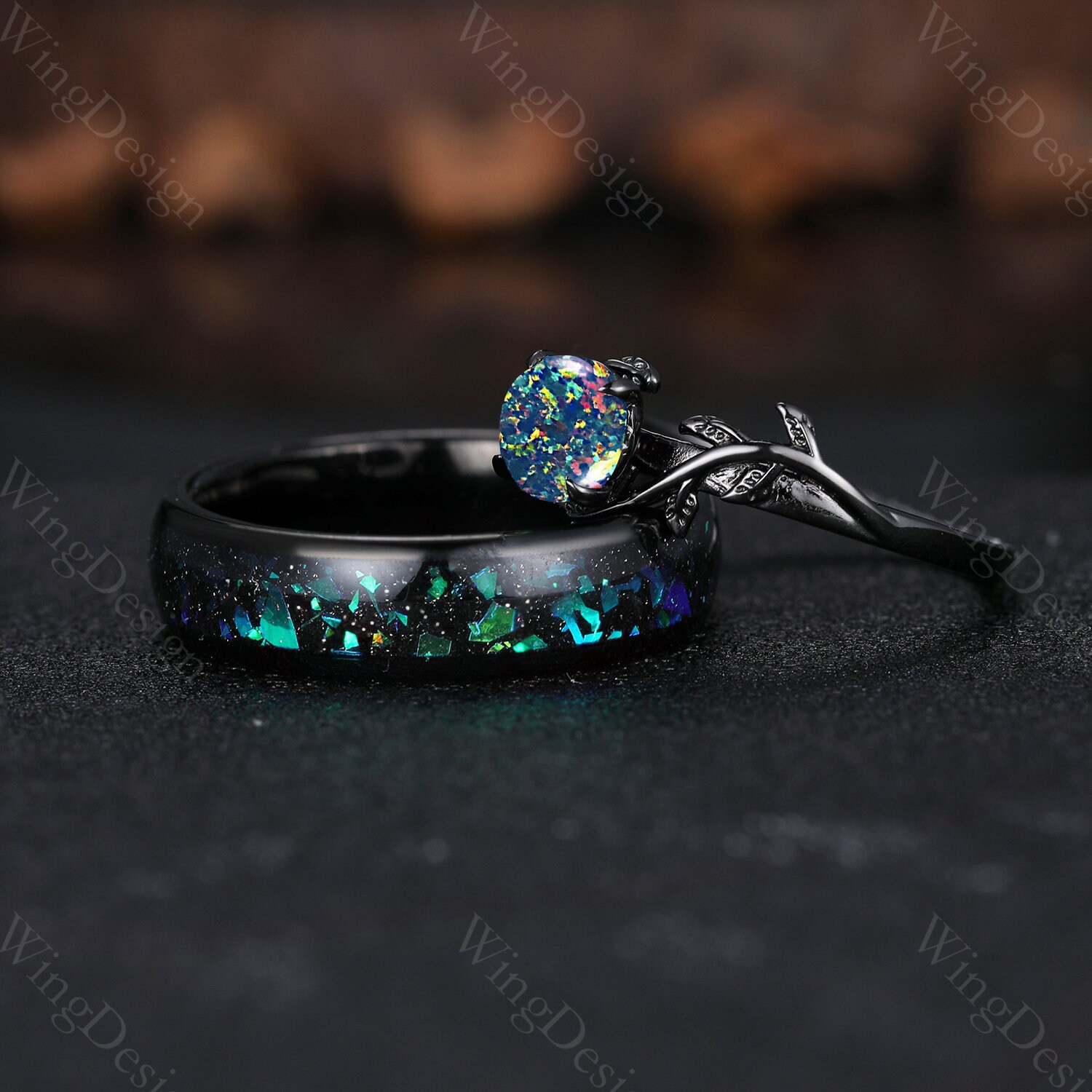 Black Opal Engagement Ring Set, Tungsten Wedding Band, Orion