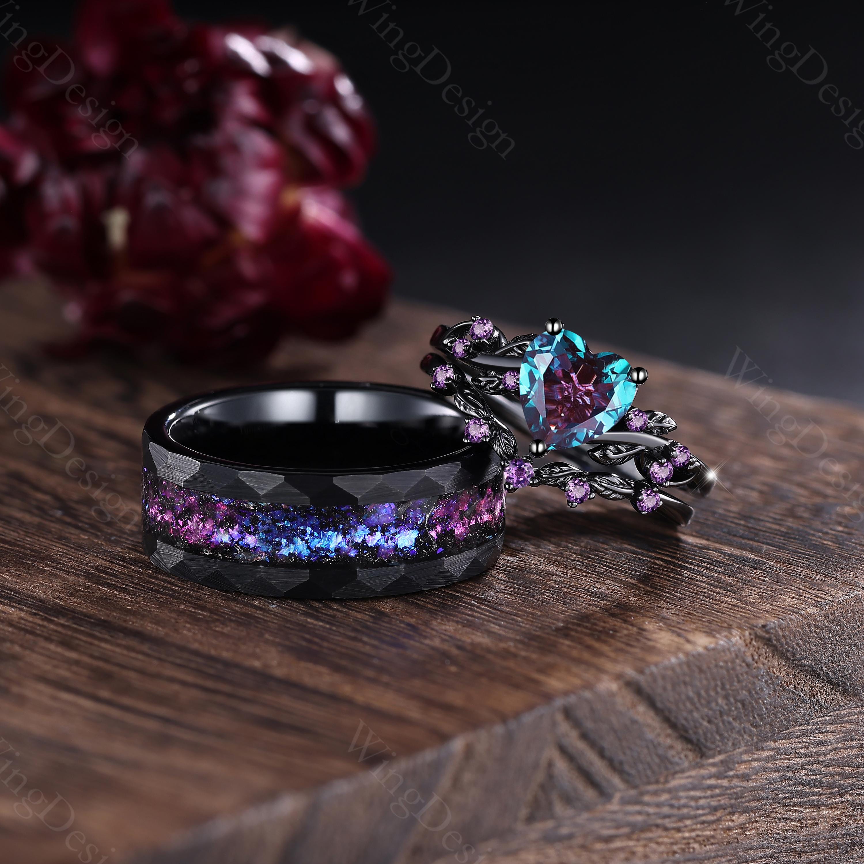 3PCS Alexandrite Couple Ring Set His and Her Matching Wedding Band