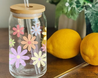 Flower Tumbler, Floral Glass Cup, Flower Cup Glass (16oz) lid and straw | Iced Latte Glass Cup, Reusable Glass Cup. Perfect gift for friends