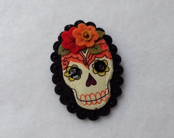 Day of the Dead, Dia De Los Muertos Felt Brooch Pin red orange flower