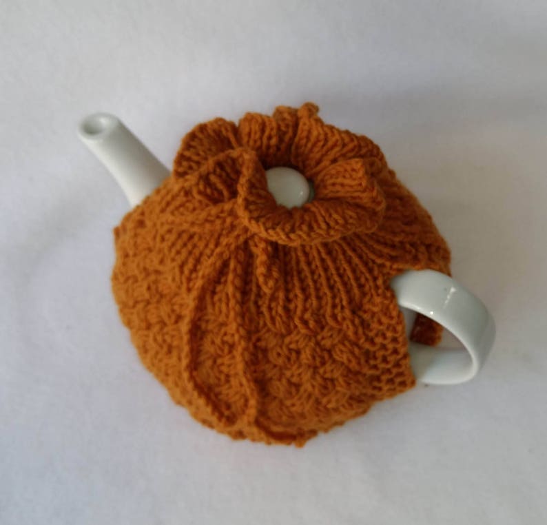 Cable Knit Teapot Cozy tea cosy, tea accessories wool cosy cross cabling, pumpkin color wool image 5