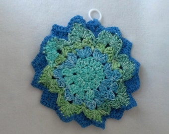Cotton Crochet Potholder  blue and aqua pot holder double thick hot pad or trivet