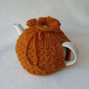 Cable Knit Teapot Cozy tea cosy, tea accessories wool cosy cross cabling, pumpkin color wool image 1