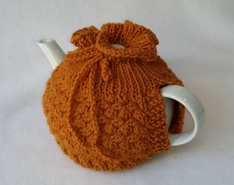 Cable Knit Teapot Cozy tea cosy, tea accessories wool cosy - cross cabling, pumpkin color wool