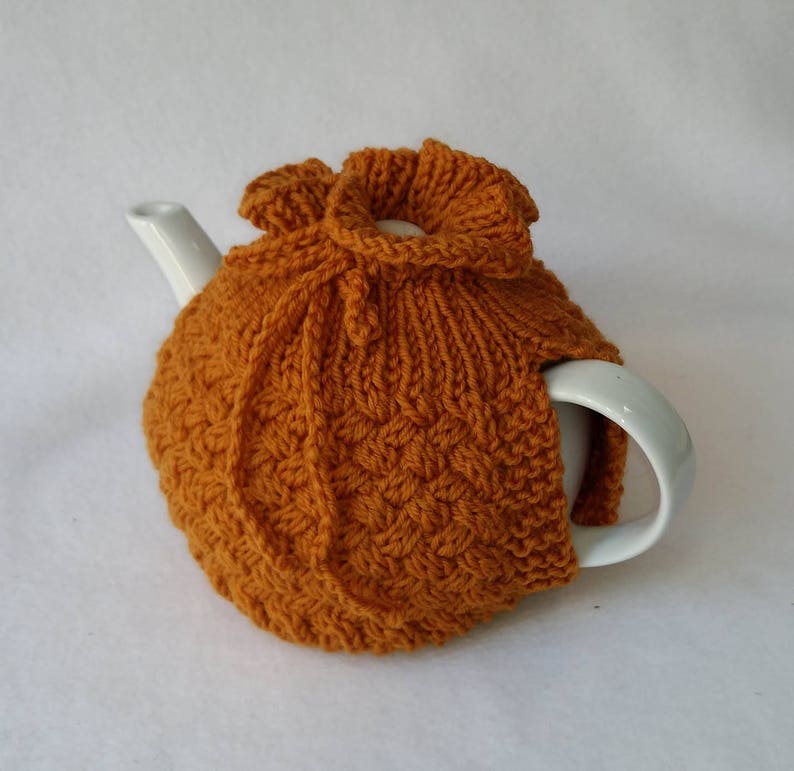 Cable Knit Teapot Cozy tea cosy, tea accessories wool cosy cross cabling, pumpkin color wool image 1