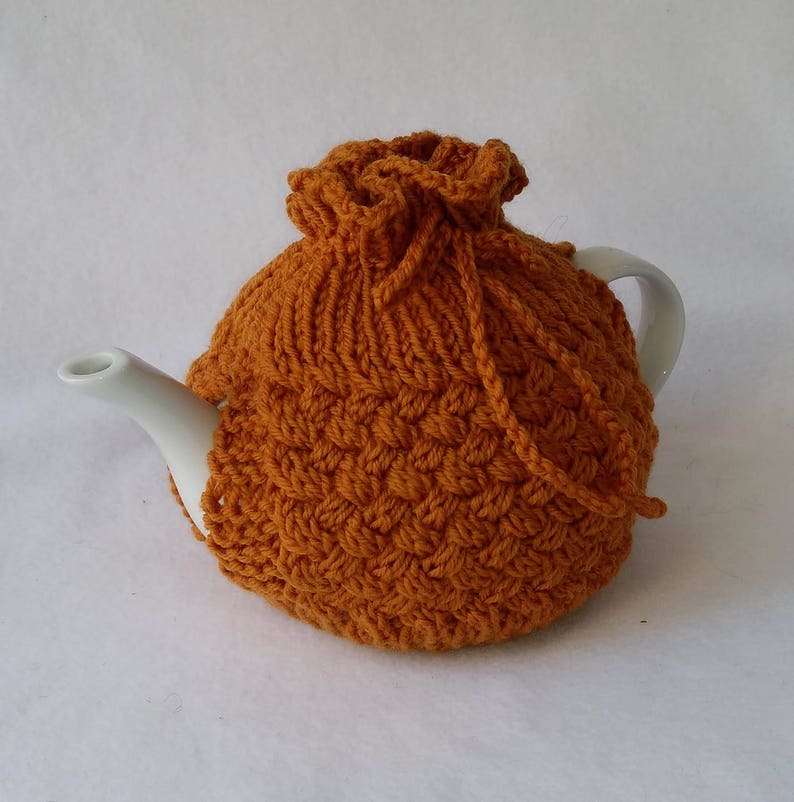 Cable Knit Teapot Cozy tea cosy, tea accessories wool cosy cross cabling, pumpkin color wool image 3