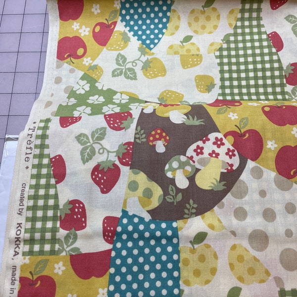 KOKKA Trefle Fruit & Mushroom Print Cotton Fabric Japanese Import Strawberries Apples Mushrooms