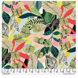 May include: Vibrant fabric with a tropical leaf design. The pattern showcases diverse leaf shapes in green, yellow, and black, set against pink, red, and blue backgrounds. The fabric is approximately 30 cm wide.
