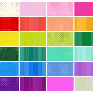 Puede incluir: Una hoja digital de 24 patrones diferentes, incluyendo lunares y rayas, en una variedad de colores. Los patrones están dispuestos en una cuadrícula.