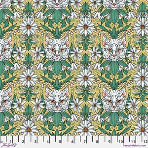 May include: A seamless pattern featuring white cats with green foliage and white flowers on a yellow background.