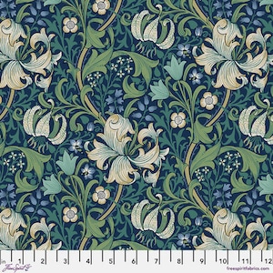 Golden Lily - Navy || Buttermere The Original Morris & Co. Cotton Fabric by the yard