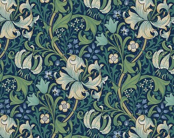 Golden Lily - Navy || Buttermere The Original Morris & Co. Cotton Fabric by the yard