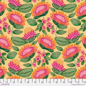 Peut inclure: Un tissu floral vibrant avec un motif répété de fleurs stylisées dans des tons de rose, d'orange et de vert sur un fond jaune à pois. Le motif comprend de grandes fleurs détaillées et de plus petits accents floraux. Le tissu est marqué d'une règle en pouces.