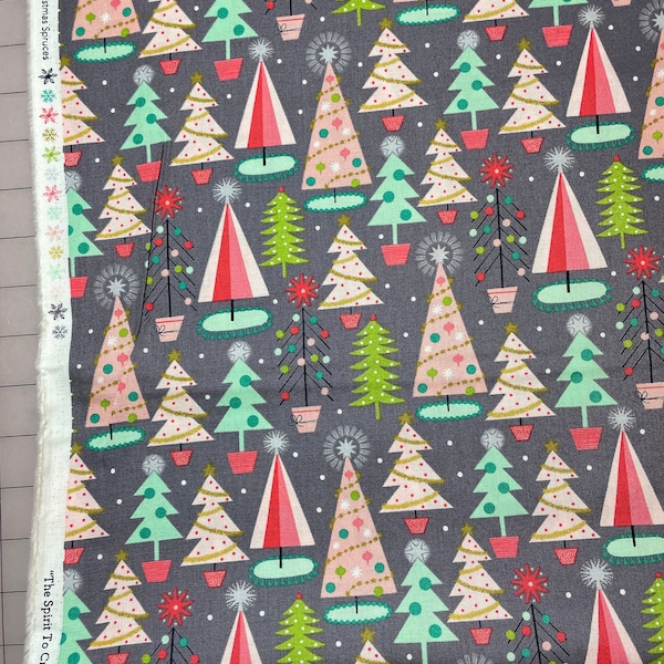 Fa La La by Maude Asbury Gray Christmas Tree Holiday Cotton Fabric
