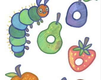 Väldigt hungrig larv, insektsmatt, vattentät klistermärkesark med frukt