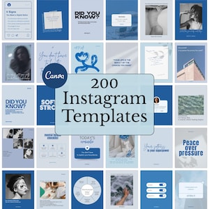 Pode incluir: Uma colagem de 200 modelos do Instagram em azul e azul claro. Os modelos apresentam vários designs, incluindo texto, imagens e gráficos. O texto inclui frases como "Você sabia?" e "Sua vida é o resultado das escolhas que você faz."