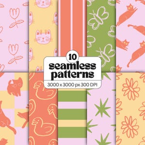 Può includere: Una collezione di 10 motivi senza cuciture con illustrazioni disegnate a mano di gatti, anatre, farfalle, fiori e stelle in rosa, giallo, verde e arancione. Il testo centrale recita 10 seamless patterns 3000 x 3000 px 300 DPI.