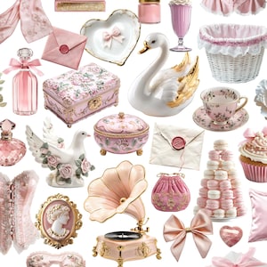 May include: A collection of pink and gold decorative items, including a swan figurine, a jewelry box, a teacup, a gramophone, and a stack of macarons. Other items include a perfume bottle, a heart-shaped dish, and a decorative bow.