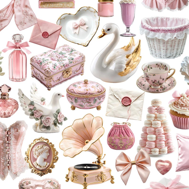 May include: A collection of pink and gold decorative items, including a swan figurine, a jewelry box, a teacup, a gramophone, and a stack of macarons. Other items include a perfume bottle, a heart-shaped dish, and a decorative bow.