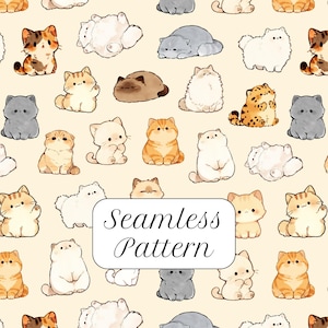 Op de afbeelding: Een naadloos patroon met cartoonkatten in verschillende poses en kleuren, waaronder oranje, grijs en wit. De katten staan tegen een lichtbeige achtergrond. De tekst "Seamless Pattern" wordt weergegeven in een witte doos.