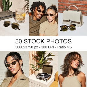 May include: A collection of 50 stock photos featuring various subjects including metal-framed sunglasses, a glass of iced beverage, a cream-colored handbag, tortoiseshell glasses, a portable record player, and individuals wearing eyewear.