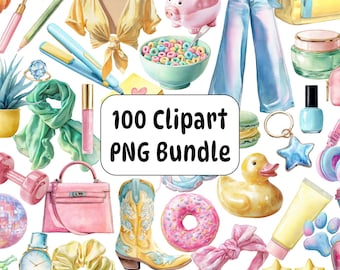 100 Pastel Clipart PNG Bundle, Watercolor Girly Stickers, Fashion Beauty Lifestyle Graphics