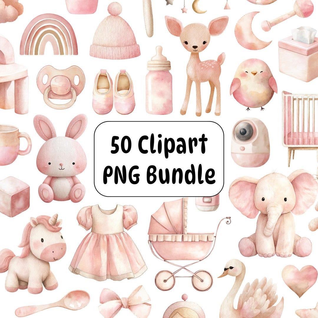 50 Baby Girl Watercolor Clipart PNG Bundle, Pink Elements, Baby Shower ...