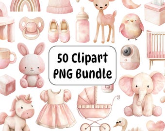 50 Baby Girl Watercolor Clipart PNG Bundle, Pink Elements, Baby Shower, Newborn, Neutral Colors