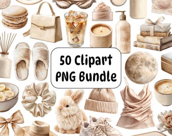 50 Beige Clipart PNG Bundle, Neutral Watercolor Boho Stickers, Cozy Minimalist Lifestyle Graphics
