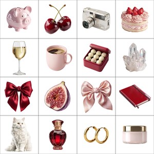 May include: A collection of various objects on a white background. Includes a pink piggy bank, cherries, a silver camera, a cake, a glass of champagne, a pink mug, a box of chocolates, crystals, a red bow, a fig, a pink bow, a red notebook, a white cat, perfume, gold hoop earrings, and a jar of cream.