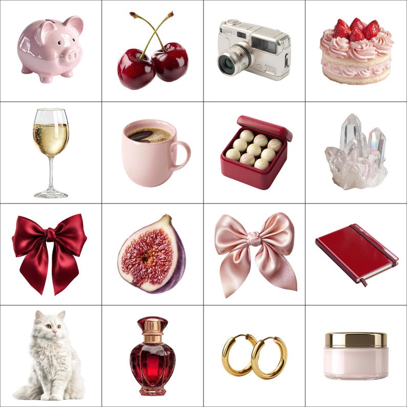 May include: A collection of various objects on a white background. Includes a pink piggy bank, cherries, a silver camera, a cake, a glass of champagne, a pink mug, a box of chocolates, crystals, a red bow, a fig, a pink bow, a red notebook, a white cat, perfume, gold hoop earrings, and a jar of cream.