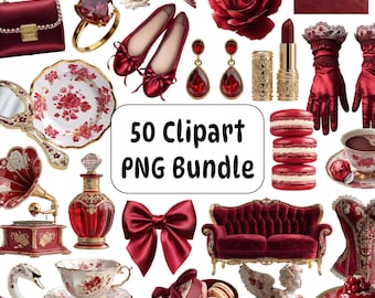 50 Red Coquette Clipart PNG Bundle, Vintage Clipart, Luxury Aesthetic PNG, Romantic Digital Download, Feminine Graphics