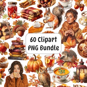Autumn Watercolor Clipart PNG Bundle, Cozy Fall Aesthetic, Pumpkins, Fall Leaves, Animals, Digital Stickers, Scrapbooking, Commercial Use