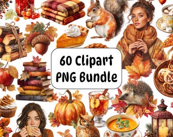 Paquete de imágenes prediseñadas PNG de acuarela otoñal, gráficos acogedores de otoño (uso comercial)