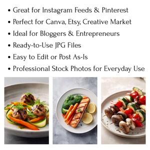 May include: Three plates of food are displayed. One plate has meatballs with zucchini and carrots. Another plate has grilled salmon, broccoli, and lemon slices. The third plate has vegetable skewers with mushrooms.