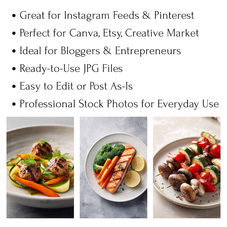 May include: Three plates of food are displayed. One plate has meatballs with zucchini and carrots. Another plate has grilled salmon, broccoli, and lemon slices. The third plate has vegetable skewers with mushrooms.