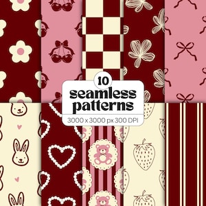 Puede incluir: Una colección de 10 patrones sin costuras en colores rojo oscuro, rosa claro y crema. Los diseños incluyen flores, cerezas, cuadros, lazos, conejos, corazones de perlas, ositos, fresas y rayas con el texto 3000 x 3000 px 300 DPI.